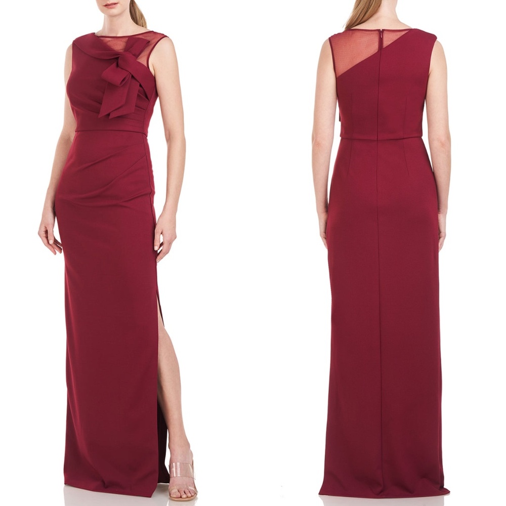 NEW JS COLLECTIONS Deep Red WINE Kirsten BOW MESH NECKLINE CREPE Column GOWN 6